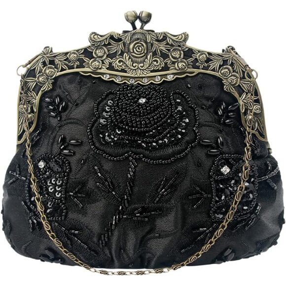 Stunning Black Sequin Clutch Handbag with Rose Kiss Lock - Perfect for Weddings - Picture 1 of 7